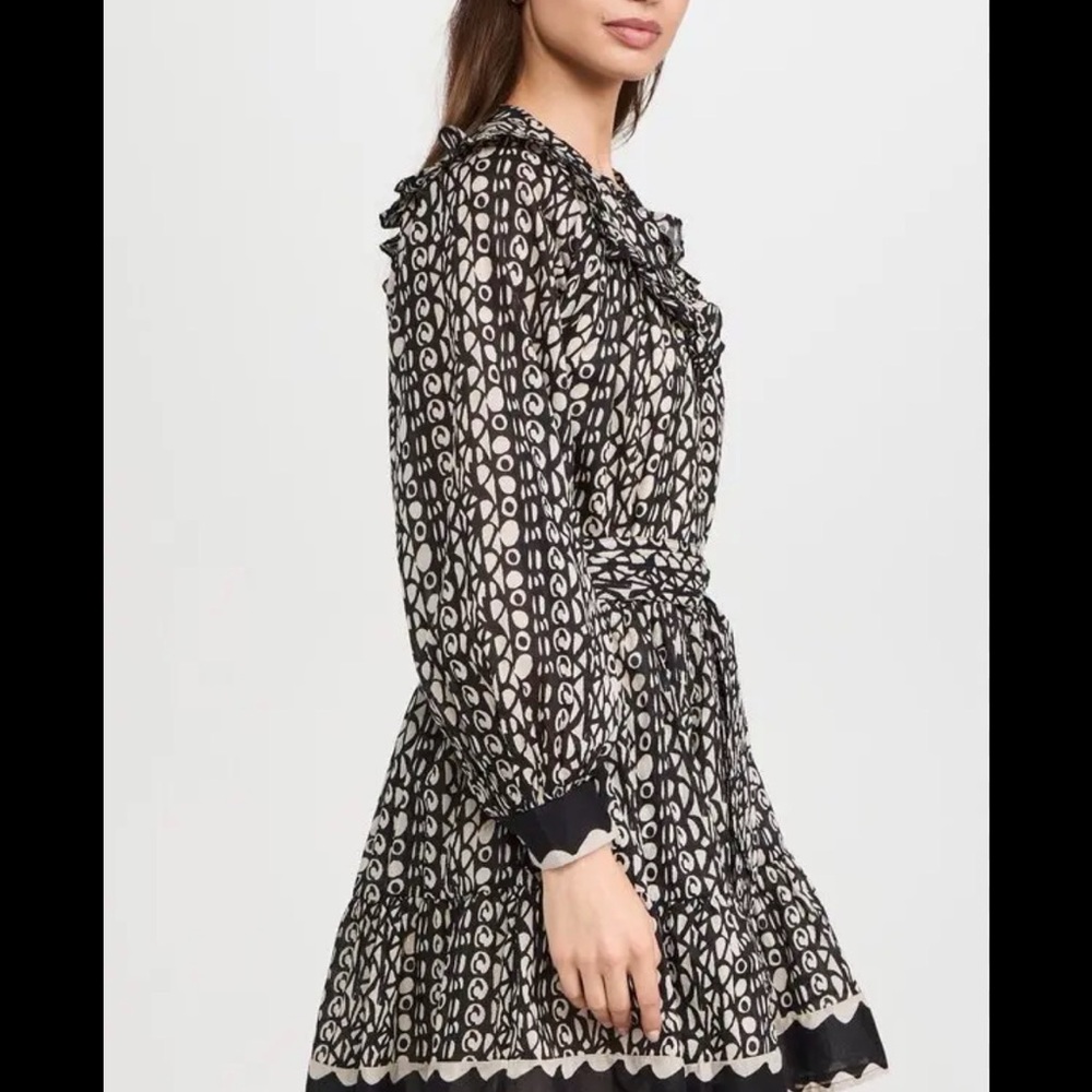 Black and Cream Patterned Ruffle Neck Dress